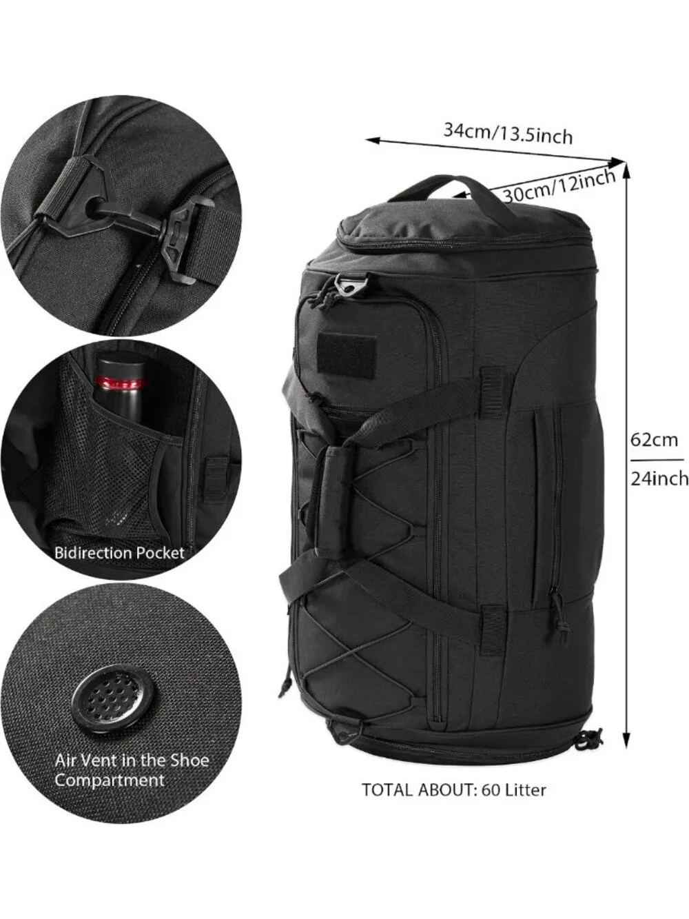 Heavy Duty Military Duffle Gym Bag, 60L Weekender Backpack with Shoe Compartment